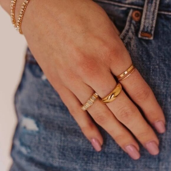 Gold ring Dome 18K waterproof Gold Ring stacking ring Gold Dome Ring size 5-8 - Picture 2 of 12